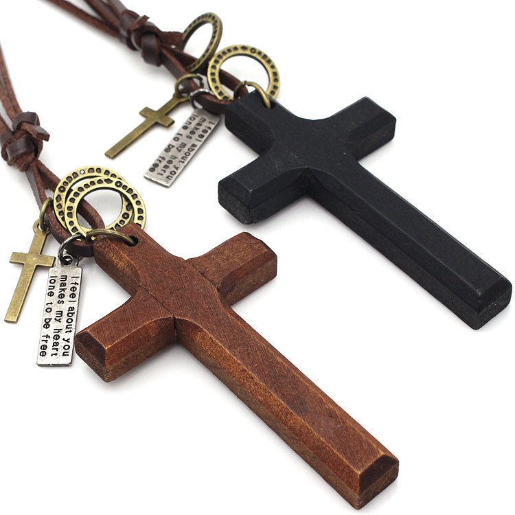 NATURAL WOOD CROSS LEATHER CORD SWEATER NECKLACE