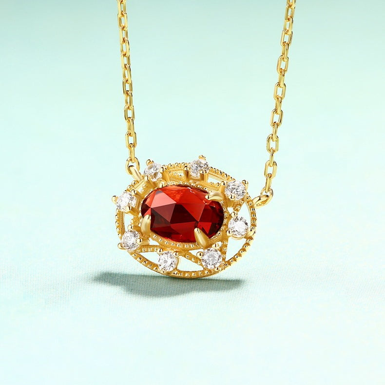 LADIES 9K GOLD NECKLACE ALL MATCH MOZAMBIQUE GARNET PENDANT