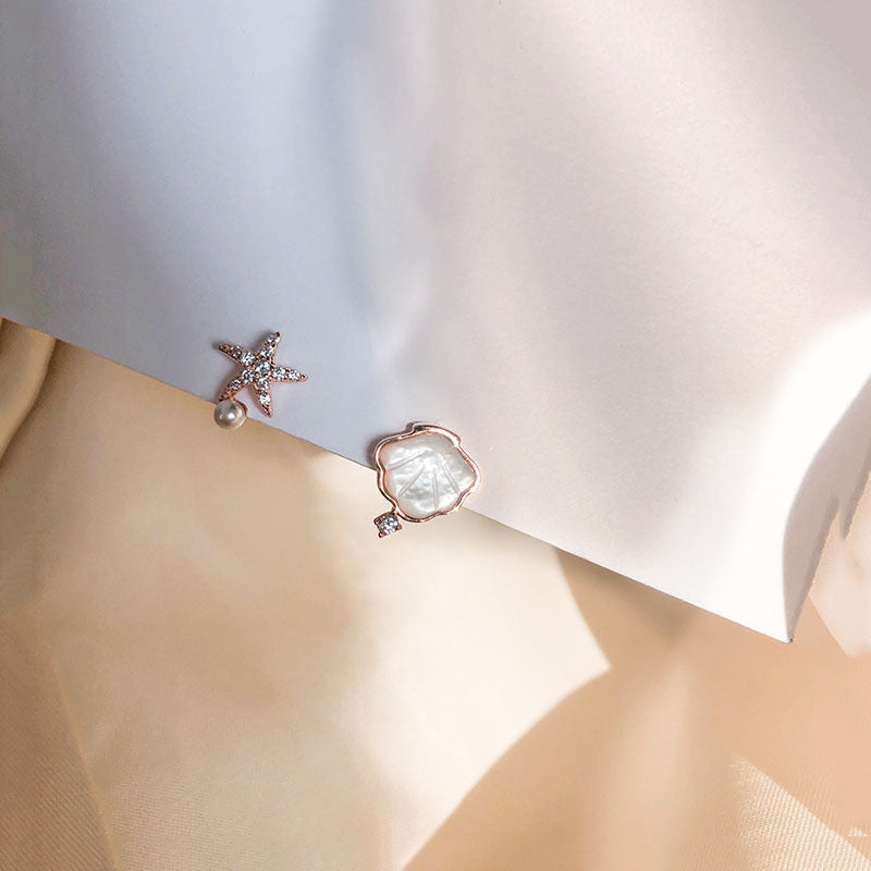 DIAMOND STARFISH SHELL ASYMMETRIC STUD EARRINGS