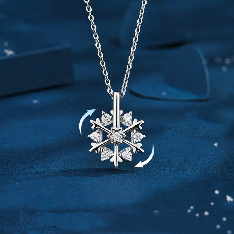 Shiny Rhinestone Rotatable Snowflake Necklace - 925 Silver, Birthday Gift